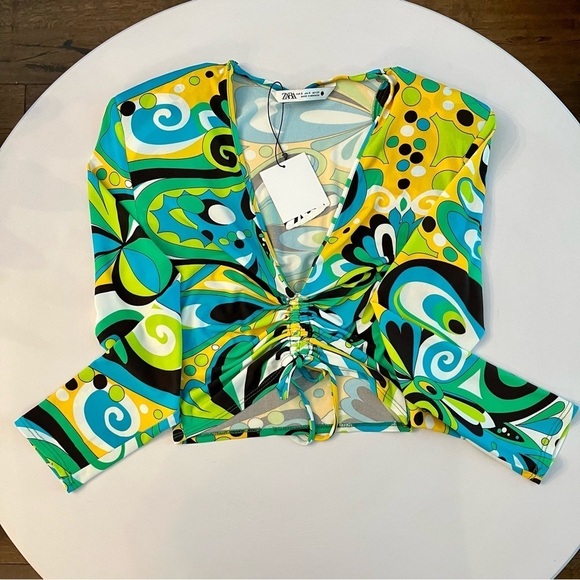 NWT Zara Y2K Multi-Coloured, Pucci Print, Long-Sleeved, Ruched, Cropped Top - Picture 11 of 11